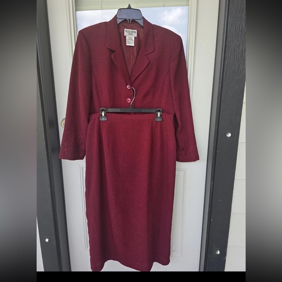 VTG Plaza South 2Piece Skirt Suit 14P Red Embroidery Long Sleeve Button Up - Picture 4 of 13